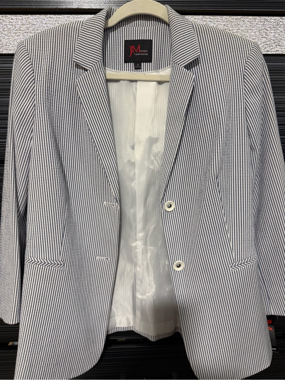 JM Collection Navy & White Pinstripe Blazer